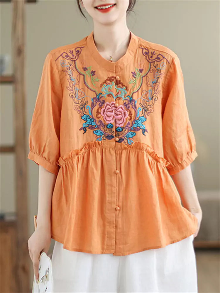 Intricate Embroidered Ramie Babydoll Blouse with Mandarin Collar and Ruffles