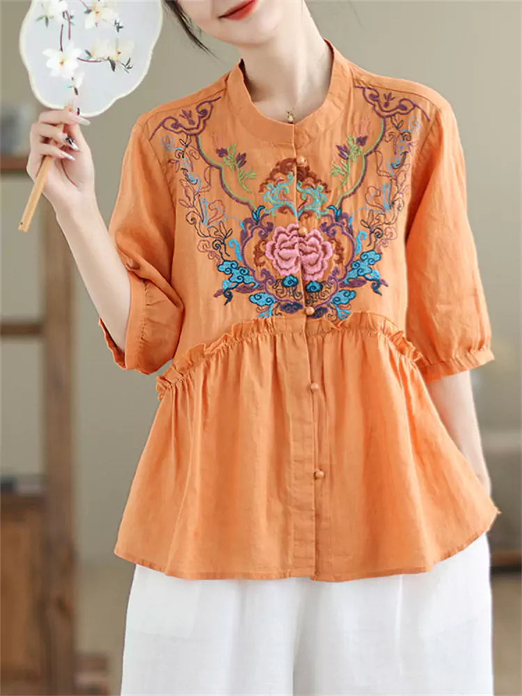 Intricate Embroidered Ramie Babydoll Blouse with Mandarin Collar and Ruffles