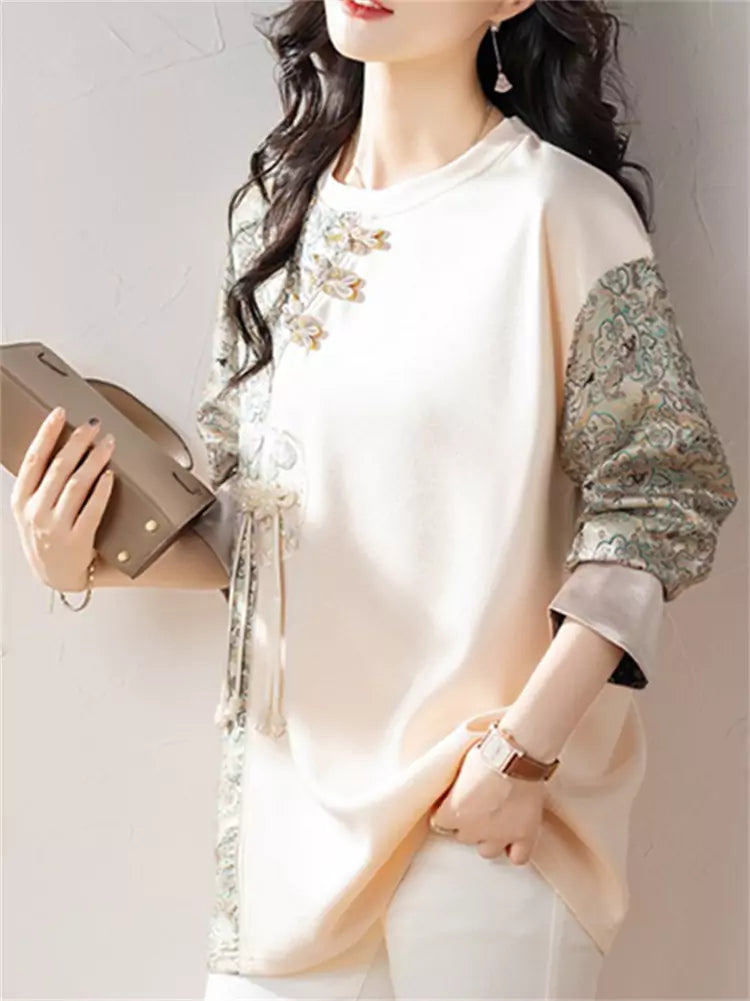 Camiseta de manga larga con patchwork de jacquard color albaricoque de estilo chino