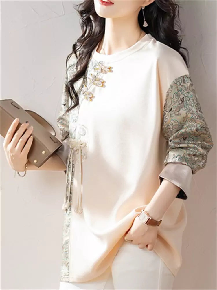 Chinese Style  Apricot Jacquard Patchwork Long Sleeve T-shirt