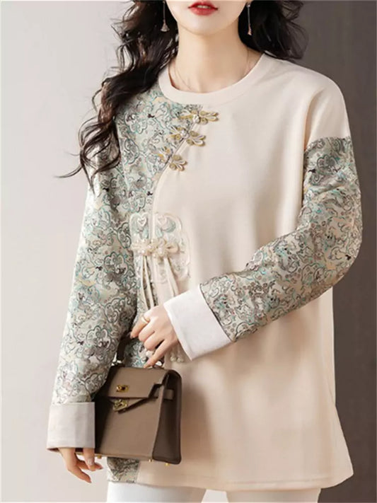 Chinese Style  Apricot Jacquard Patchwork Long Sleeve T-shirt