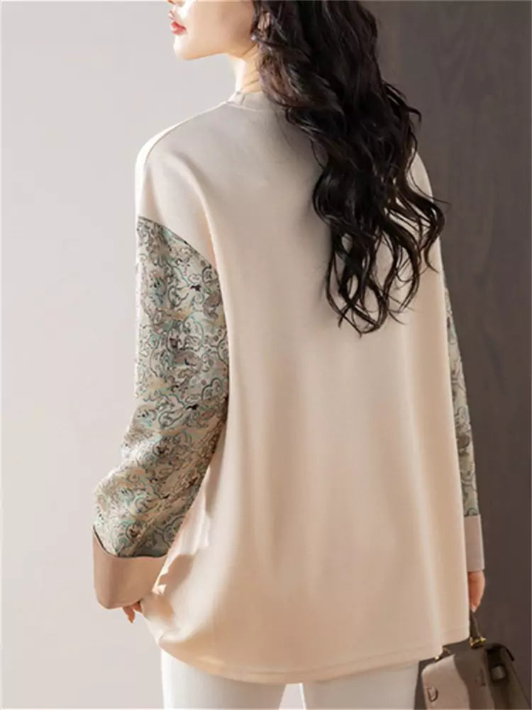 Chinese Style  Apricot Jacquard Patchwork Long Sleeve T-shirt