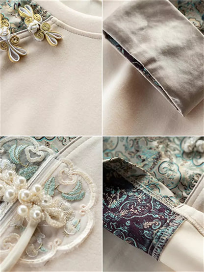 Langarm-T-Shirt im chinesischen Stil mit aprikosenfarbenem Jacquard-Patchworkmuster