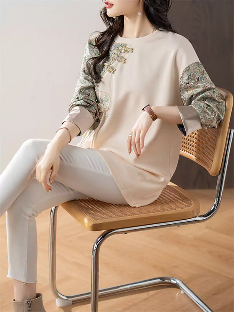 Camiseta de manga larga con patchwork de jacquard color albaricoque de estilo chino