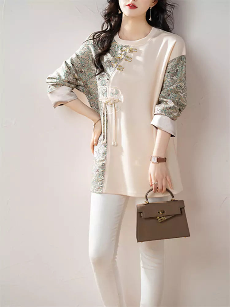 Chinese Style  Apricot Jacquard Patchwork Long Sleeve T-shirt