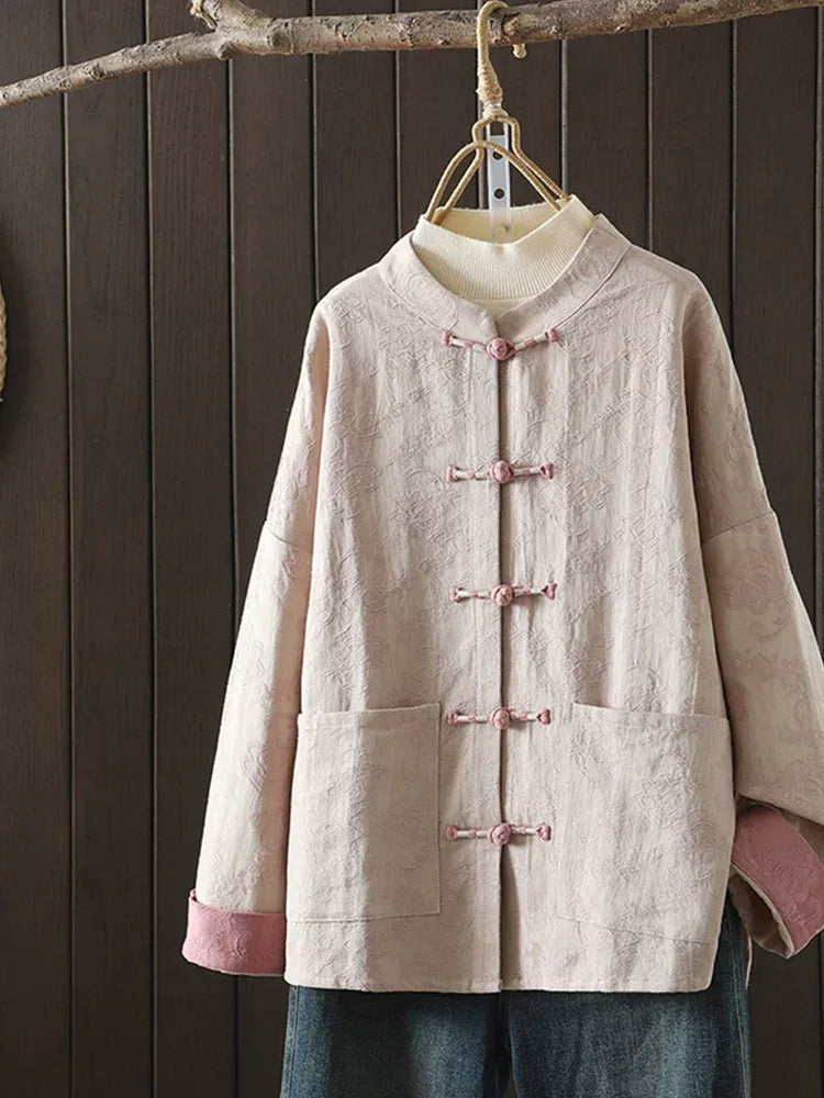 Jacquard Frog Button Mandarin Collar Long Sleeve Shirt