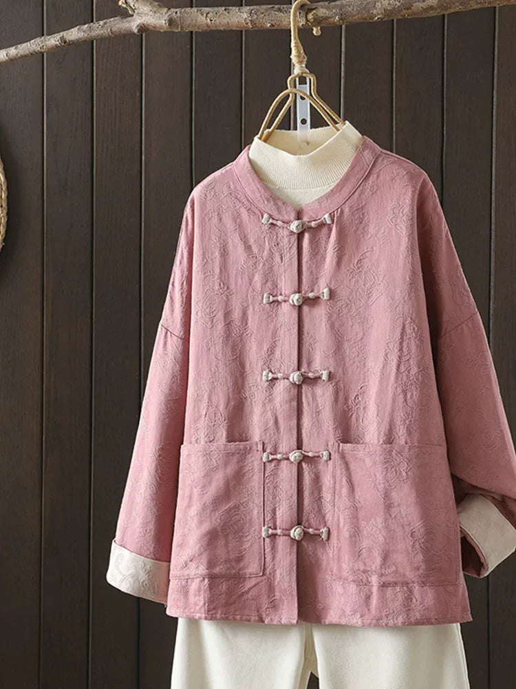 Jacquard Frog Button Mandarin Collar Long Sleeve Shirt