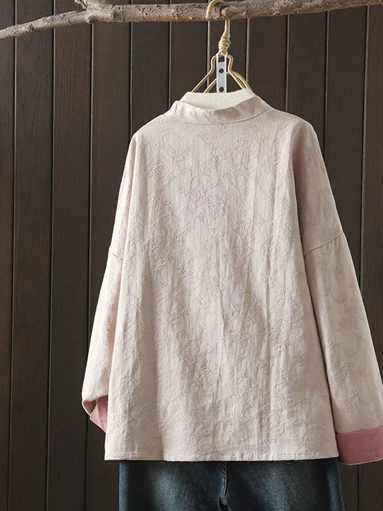 Jacquard Frog Button Mandarin Collar Long Sleeve Shirt