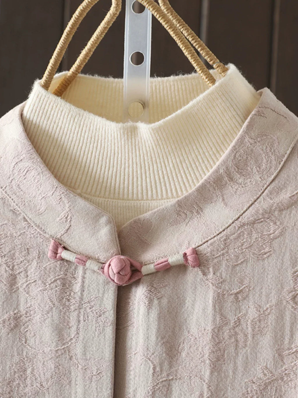 Jacquard Frog Button Mandarin Collar Long Sleeve Shirt