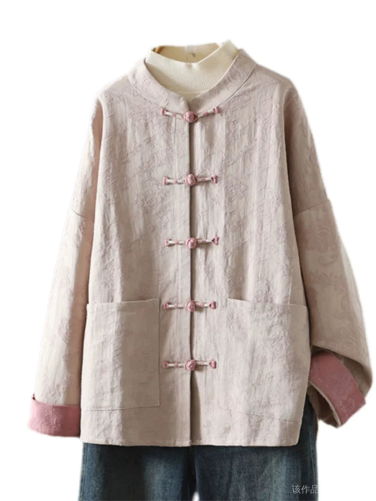 Jacquard Frog Button Mandarin Collar Long Sleeve Shirt
