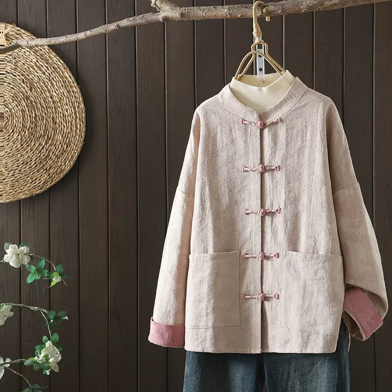 Jacquard Frog Button Mandarin Collar Long Sleeve Shirt - Khaki