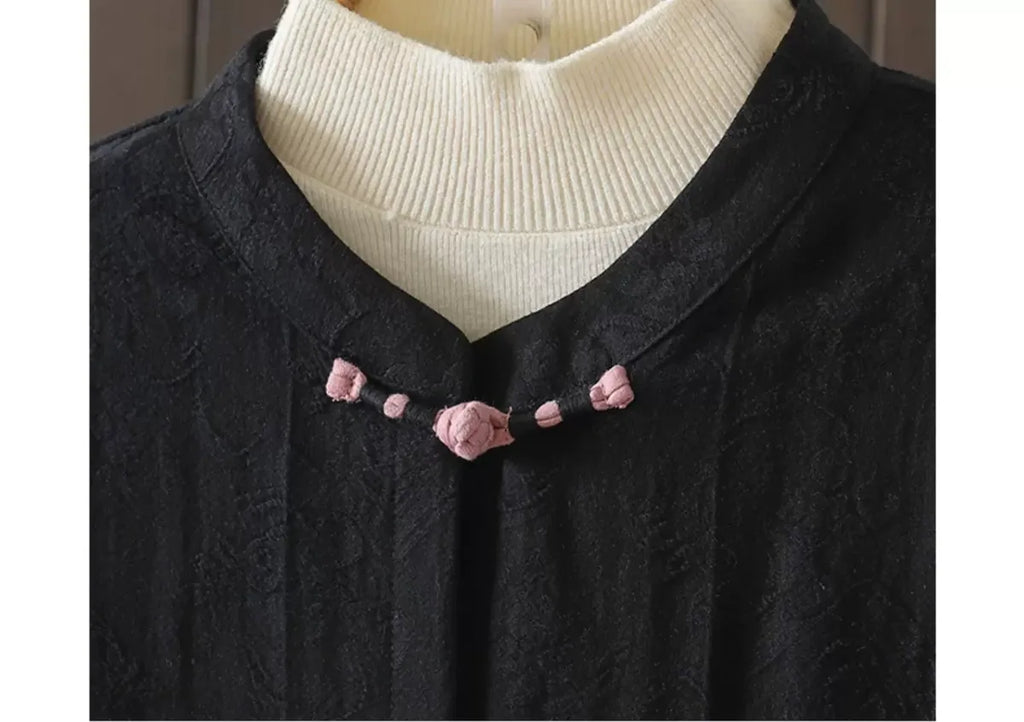 Jacquard Frog Button Mandarin Collar Long Sleeve Shirt
