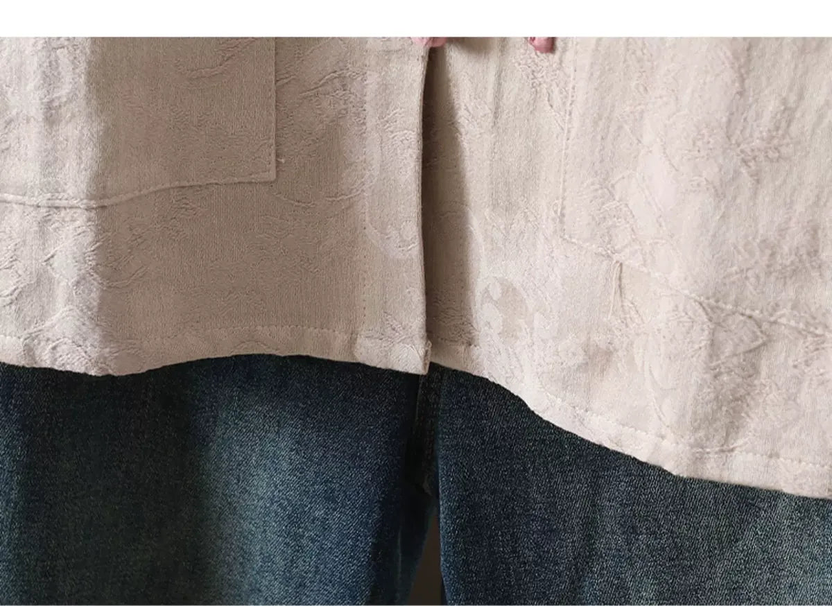 Jacquard Frog Button Mandarin Collar Long Sleeve Shirt