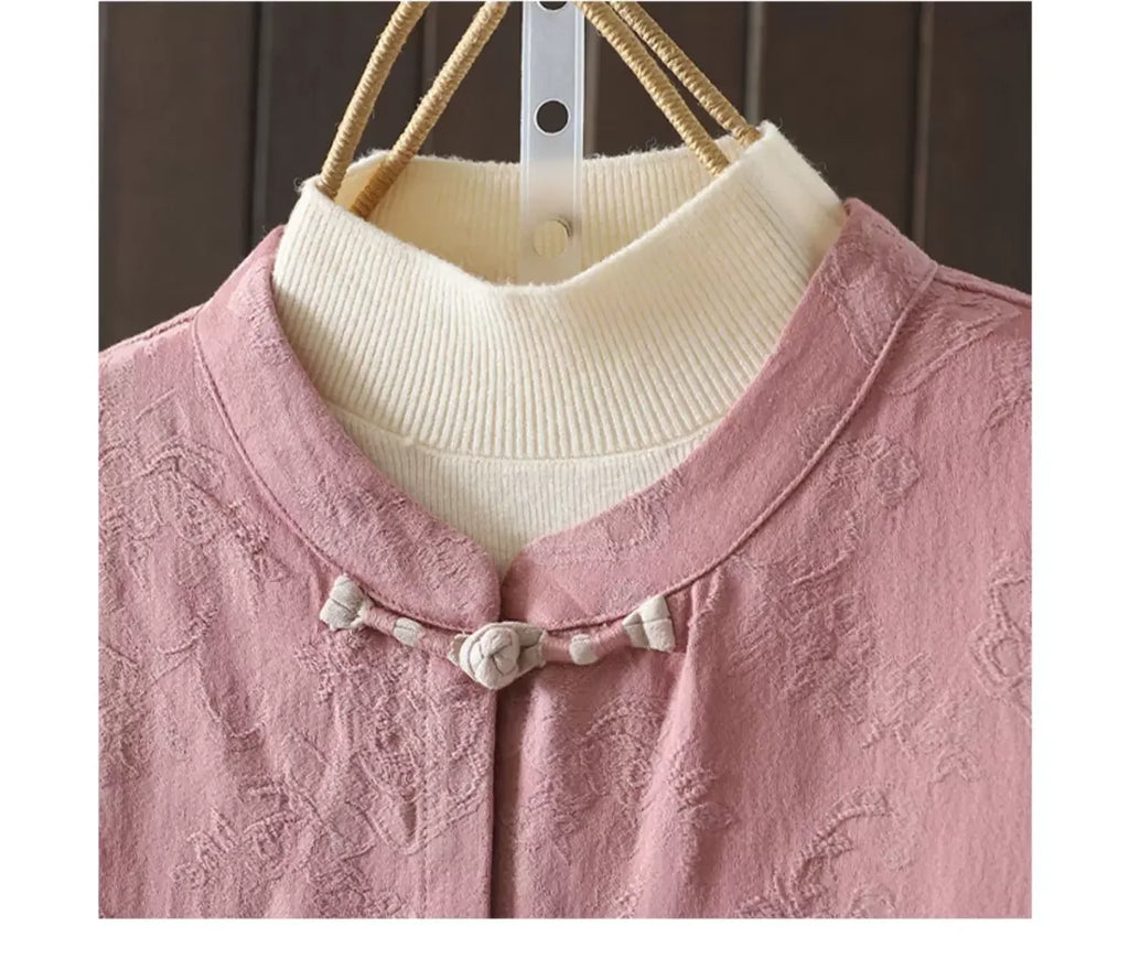 Jacquard Frog Button Mandarin Collar Long Sleeve Shirt