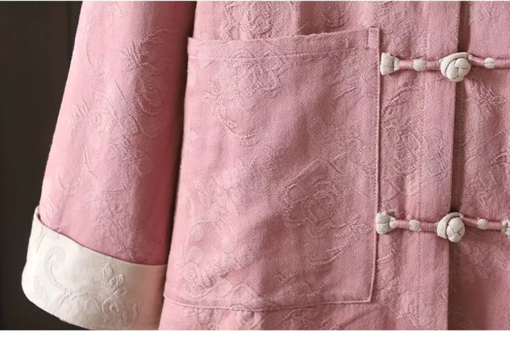 Jacquard Frog Button Mandarin Collar Long Sleeve Shirt