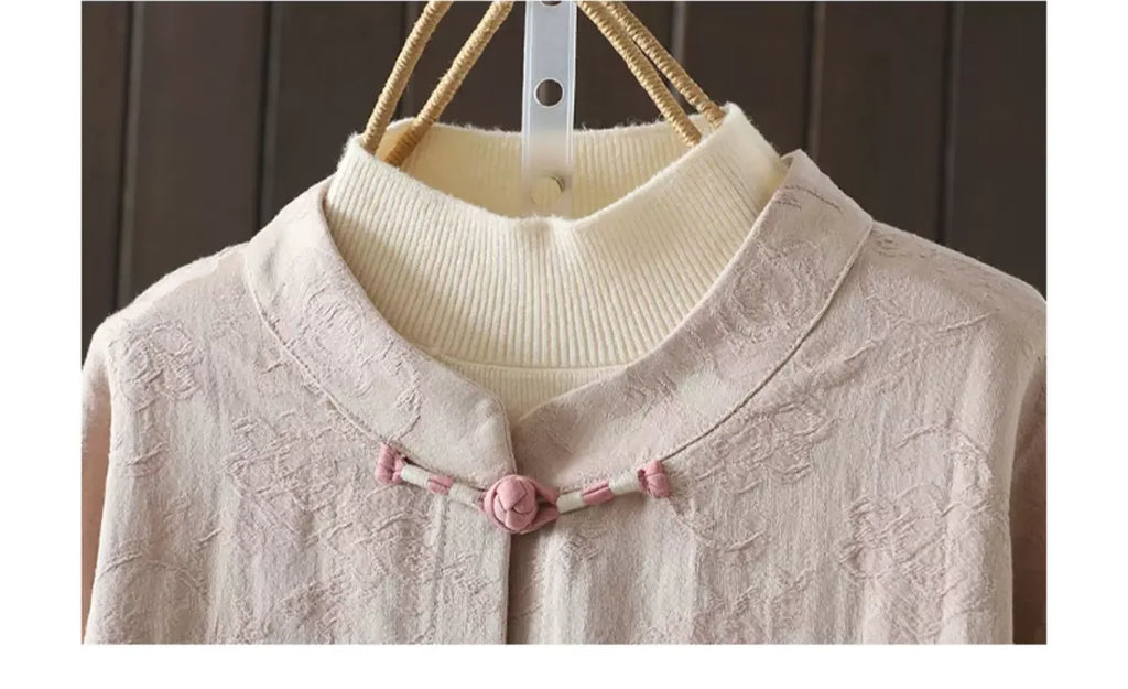 Jacquard Frog Button Mandarin Collar Long Sleeve Shirt