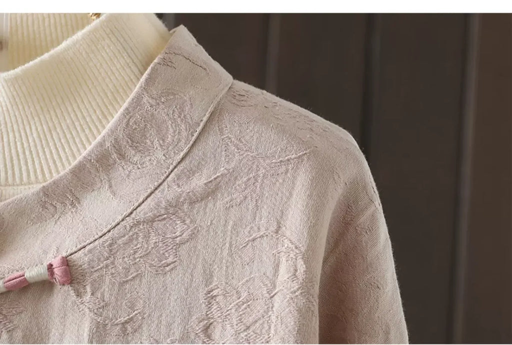 Jacquard Frog Button Mandarin Collar Long Sleeve Shirt