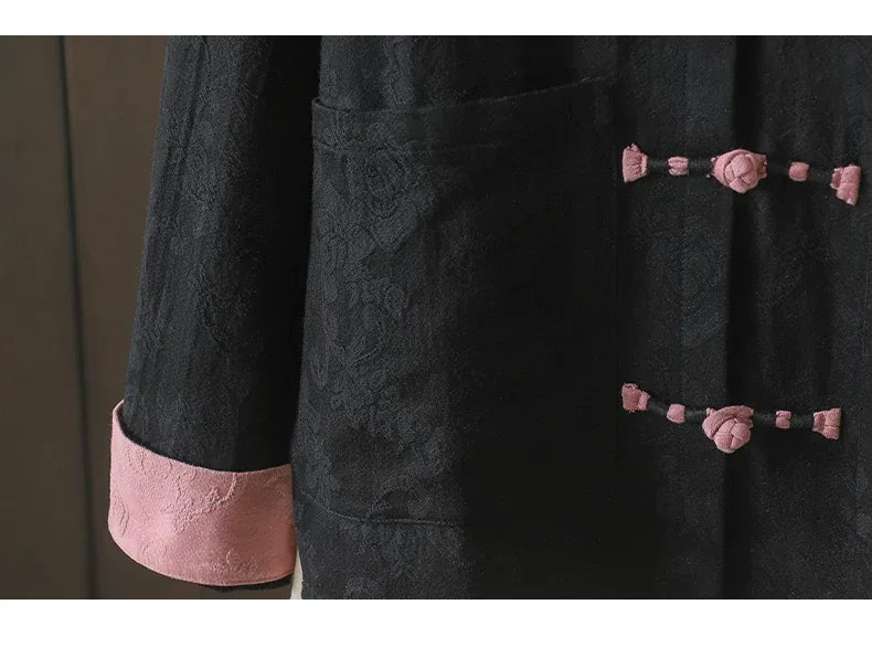 Jacquard Frog Button Mandarin Collar Long Sleeve Shirt