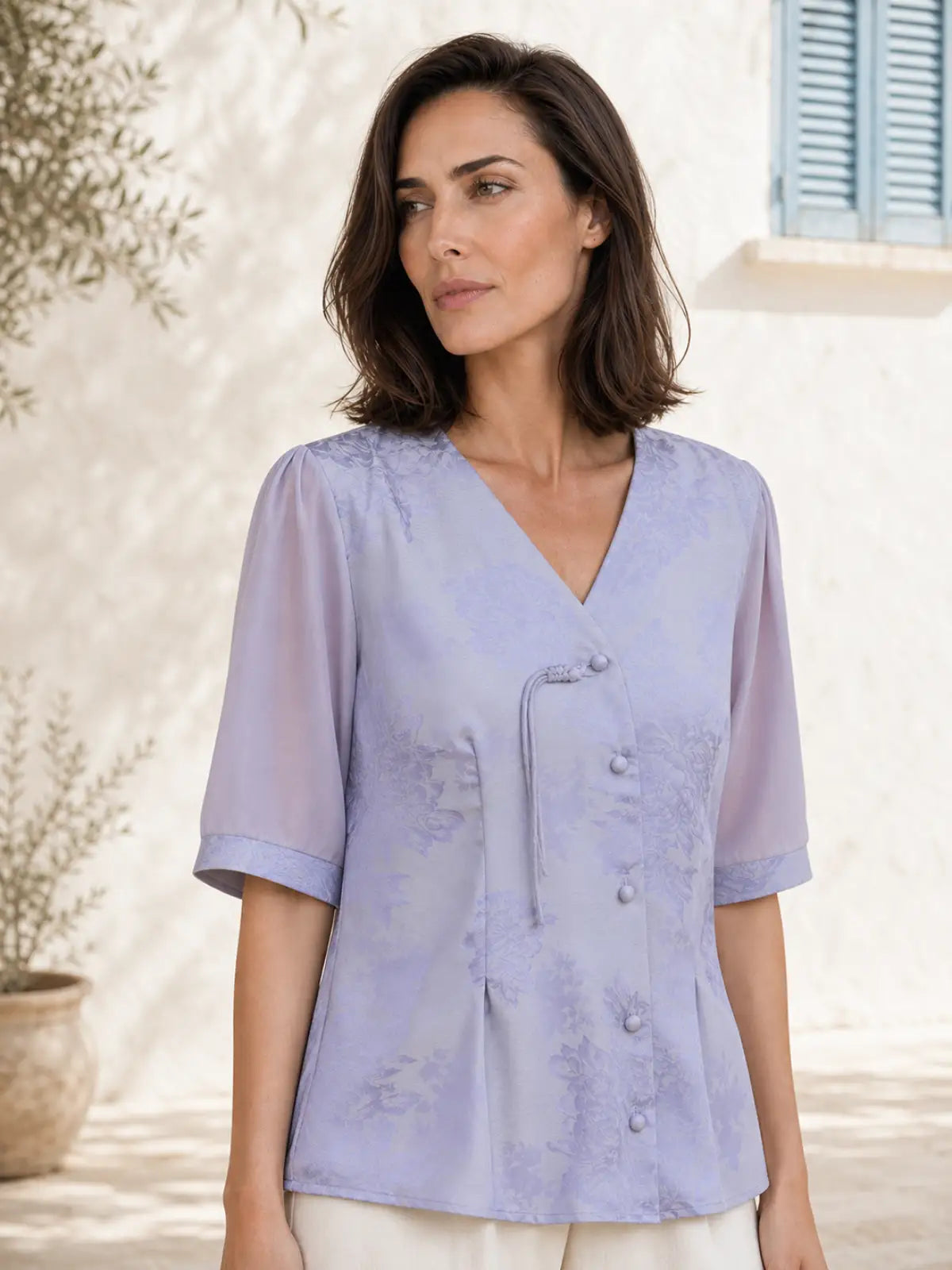Jacquard Woven Blouse with Lapel Collar & Cuff Band - detail view