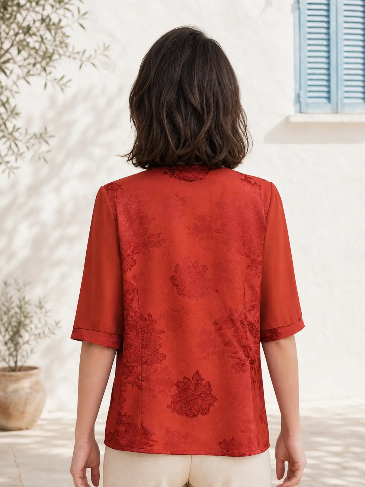 Jacquard Woven Blouse with Lapel Collar & Cuff Band - flat lay view