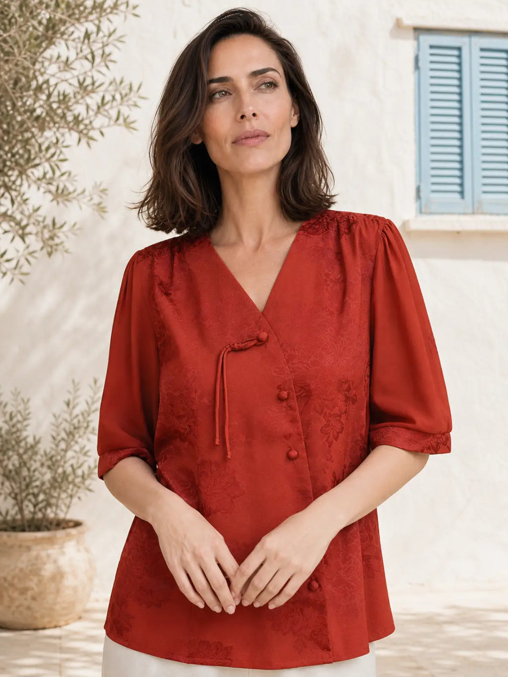 Jacquard Woven Blouse with Lapel Collar & Cuff Band - full body view