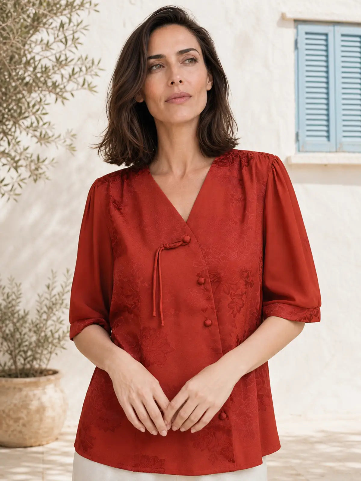 Jacquard Woven Blouse with Lapel Collar & Cuff Band - full body view