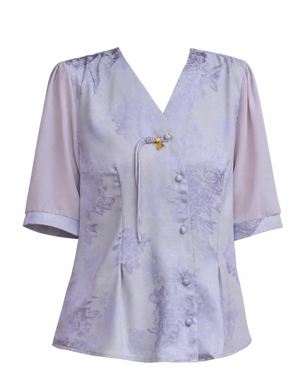 Jacquard Woven Blouse with Lapel Collar & Cuff Band - image 6 view