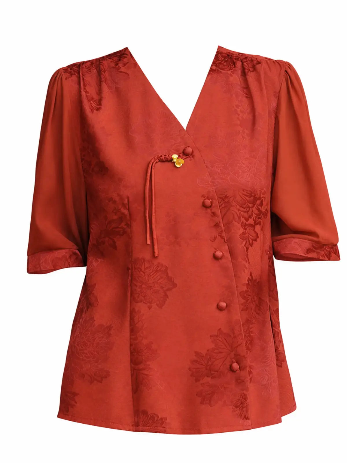 Jacquard Woven Blouse with Lapel Collar & Cuff Band - lifestyle view