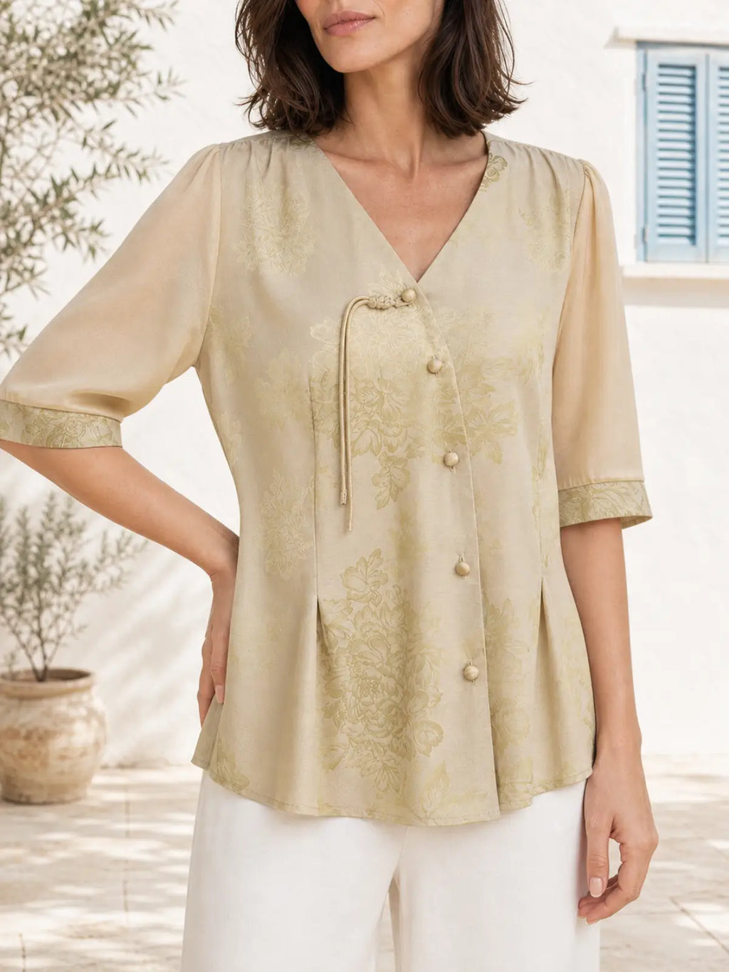 Jacquard Woven Blouse with Lapel Collar & Cuff Band - main model view