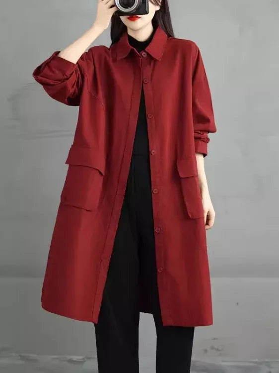 Knee-Length Button Front Coat with Large Patch Pockets