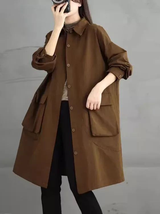 Knee-Length Button Front Coat with Large Patch Pockets
