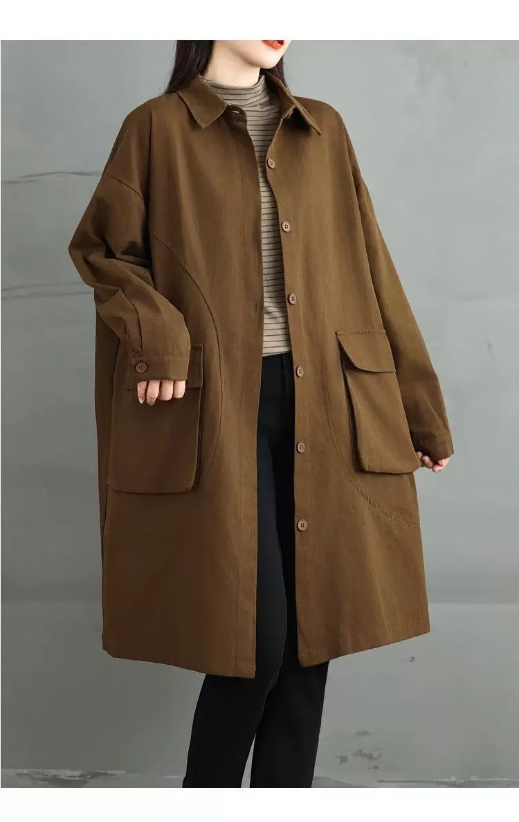 Knee-Length Button Front Coat with Large Patch Pockets