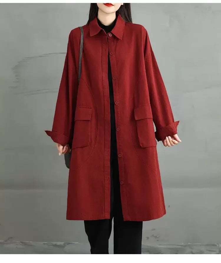 Knee-Length Button Front Coat with Large Patch Pockets