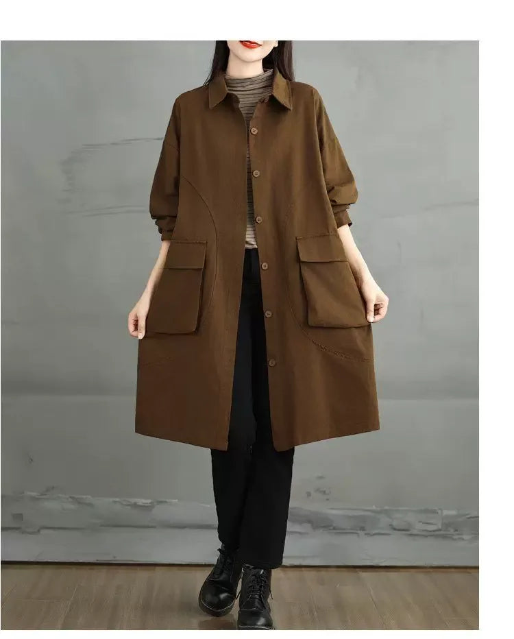 Knee-Length Button Front Coat with Large Patch Pockets