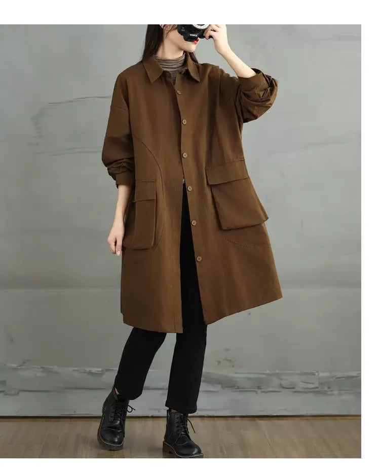 Knee-Length Button Front Coat with Large Patch Pockets