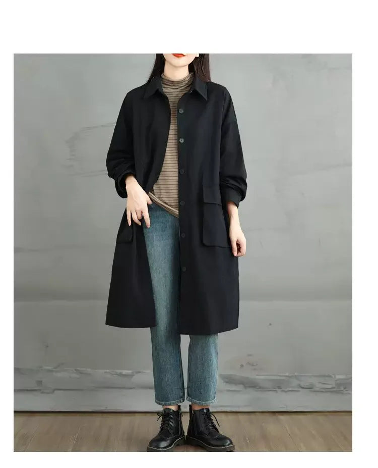 Knee-Length Button Front Coat with Large Patch Pockets