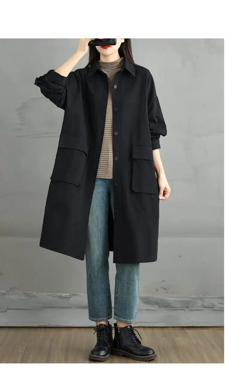 Knee-Length Button Front Coat with Large Patch Pockets