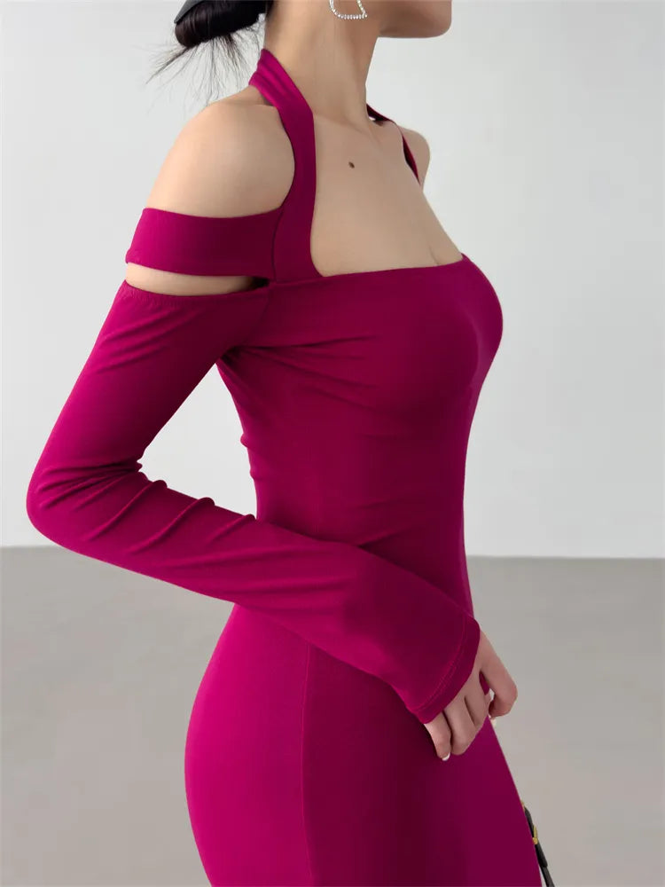 Strick-Halterkleid mit langen Ärmeln, figurbetont, Maxikleid