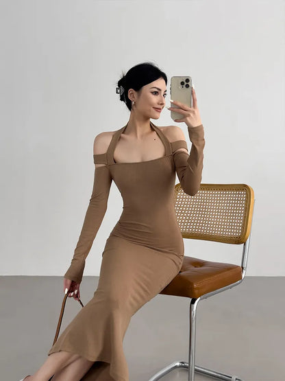 Knit Halter Long Sleeve Bodycon Maxi Dress