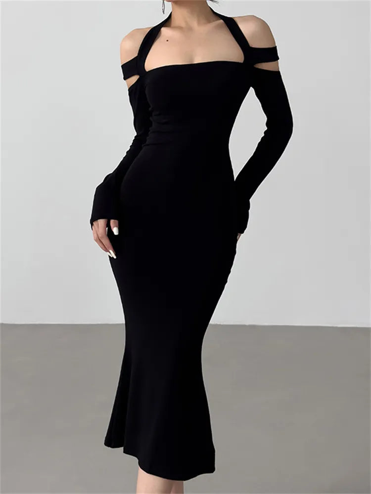 Strick-Halterkleid mit langen Ärmeln, figurbetont, Maxikleid