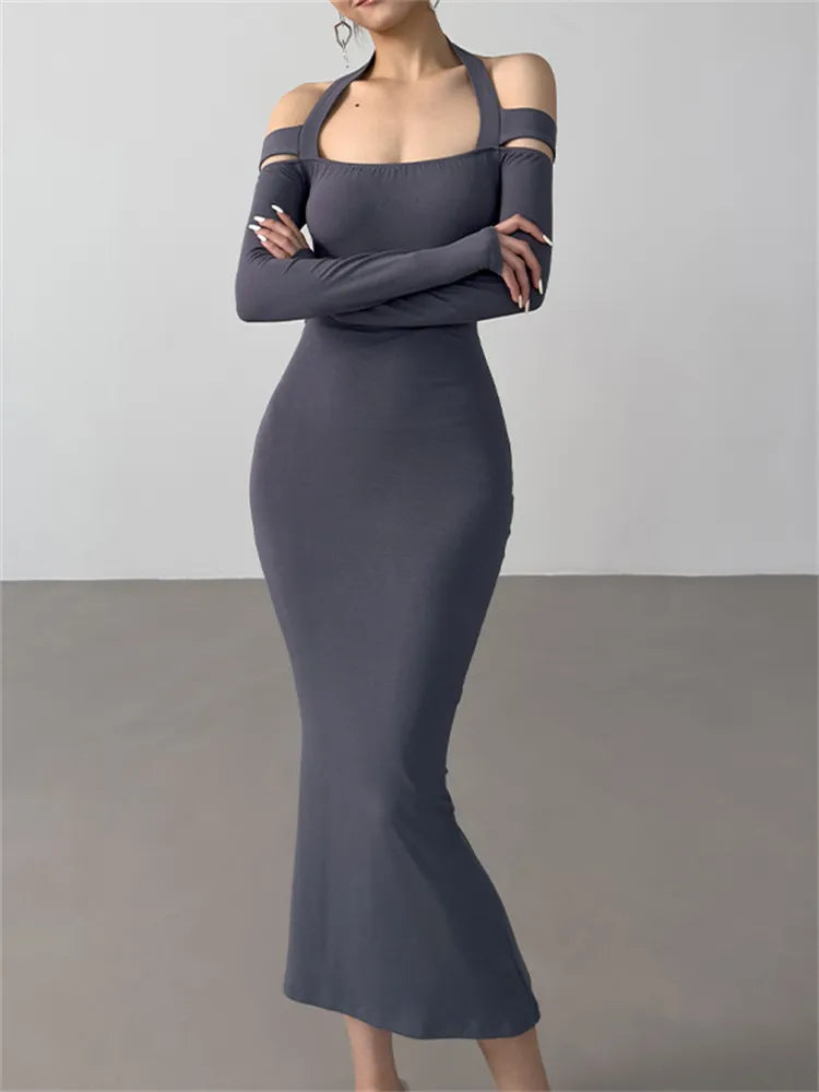 Strick-Halterkleid mit langen Ärmeln, figurbetont, Maxikleid