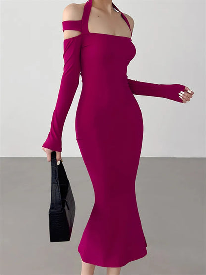 Vestido maxi ajustado de manga larga con cuello halter de punto