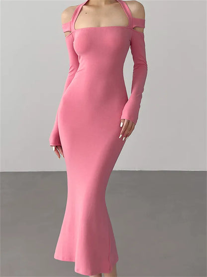 Knit Halter Long Sleeve Bodycon Maxi Dress