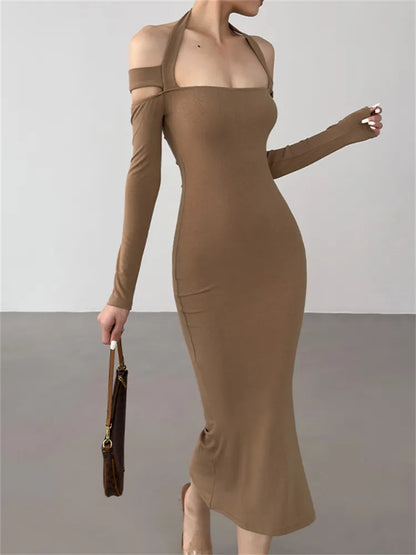Knit Halter Long Sleeve Bodycon Maxi Dress