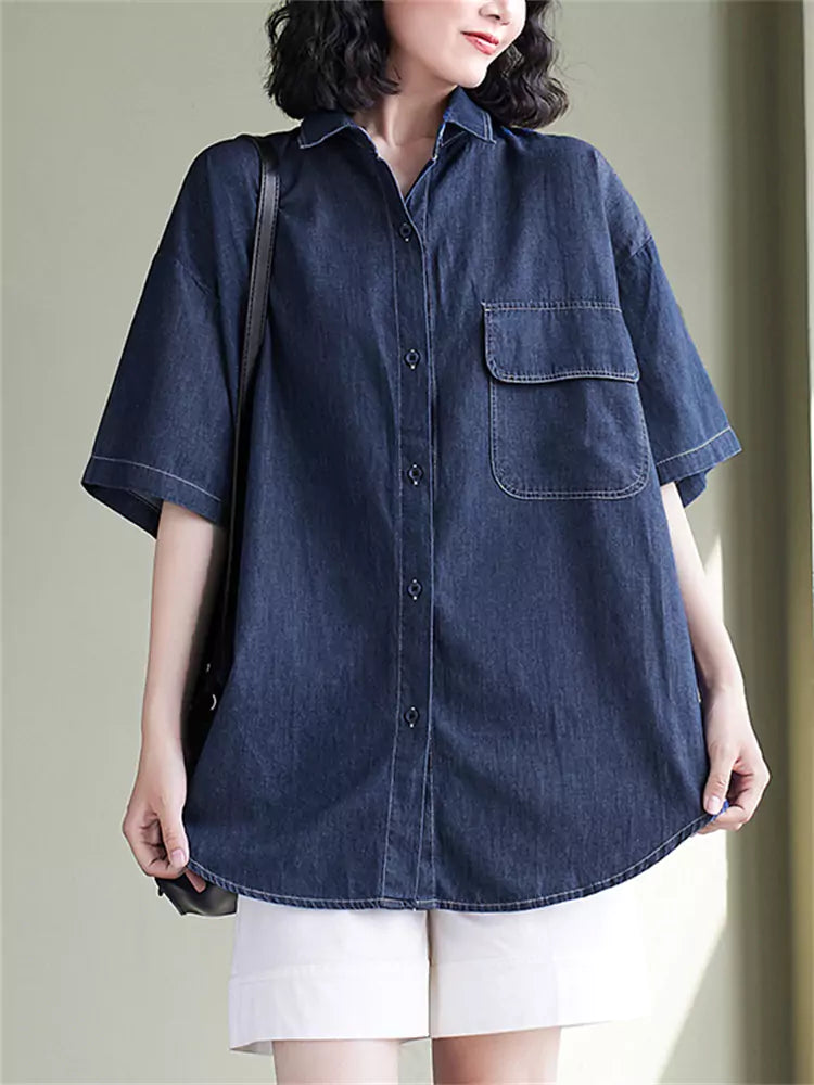 Korean Style Boyfriend Denim Shirt Short Sleeve