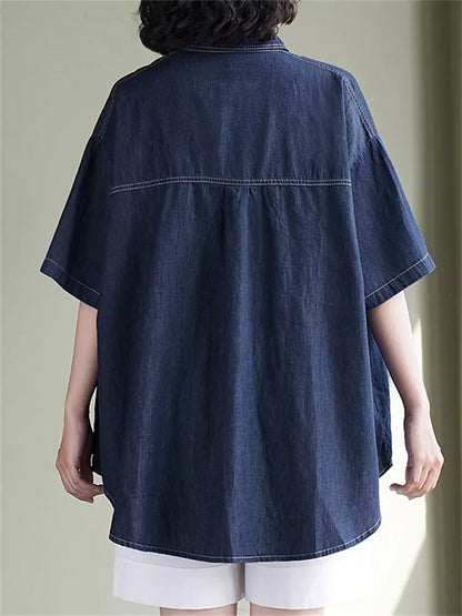 Koreanisches Boyfriend-Denimhemd mit kurzen Ärmeln