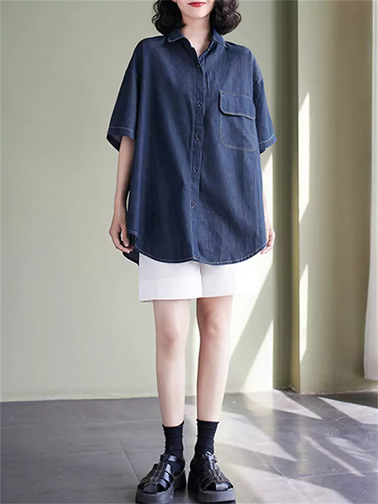 Korean Style Boyfriend Denim Shirt Short Sleeve