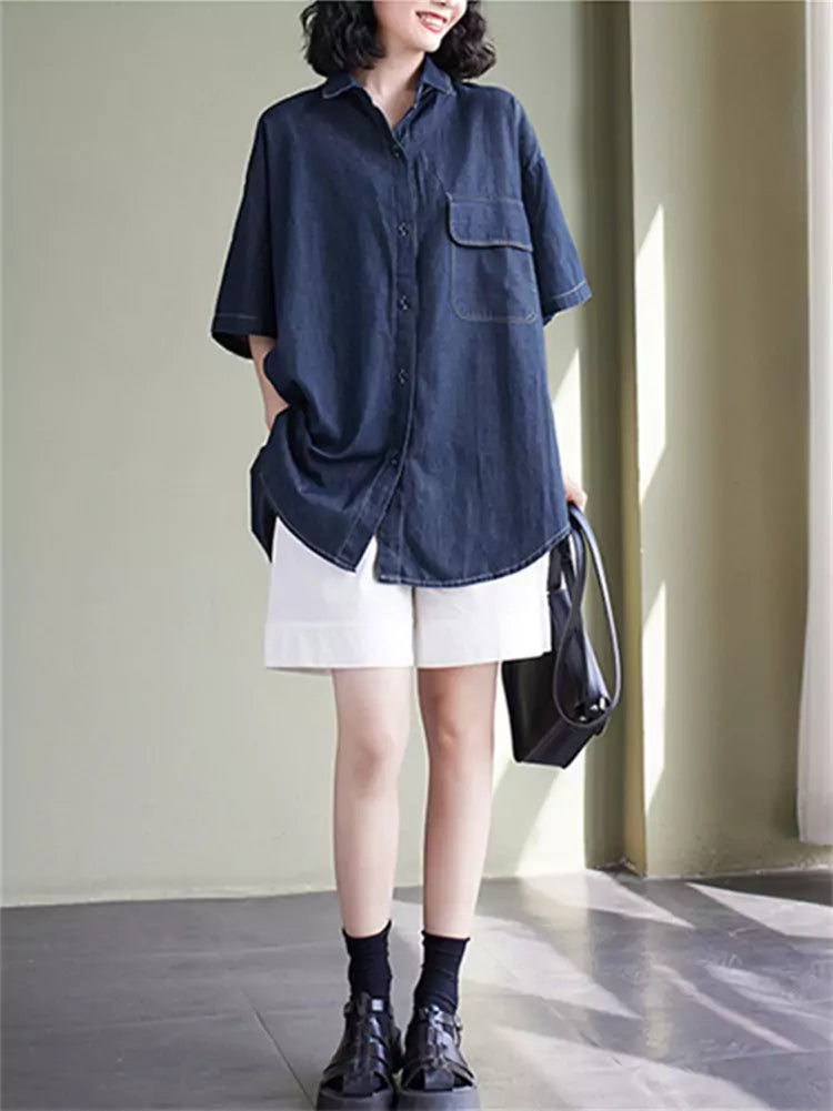 Korean Style Boyfriend Denim Shirt Short Sleeve