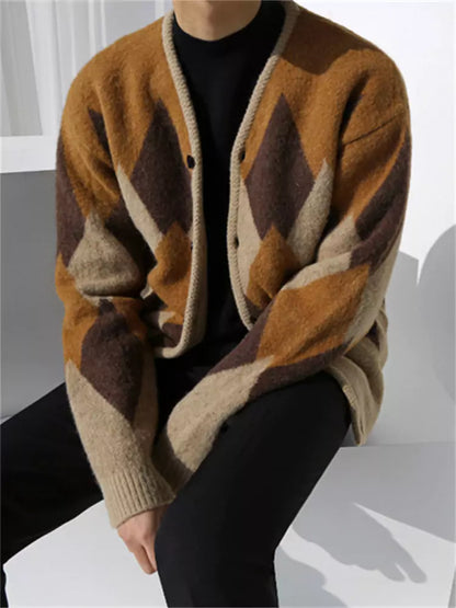 Koreanischer Cardigan mit lockerer Passform, Argyle-Muster und V-Ausschnitt