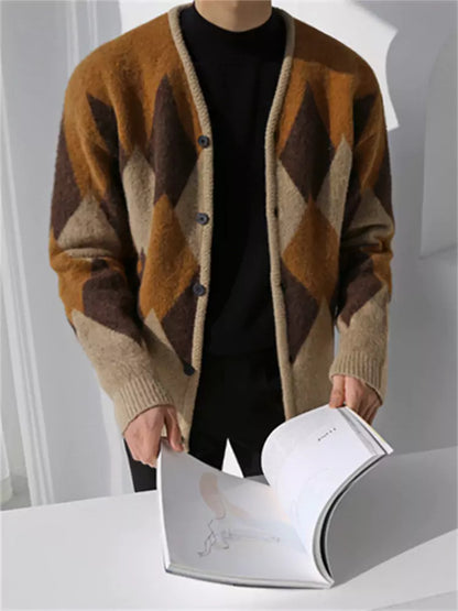 Koreanischer Cardigan mit lockerer Passform, Argyle-Muster und V-Ausschnitt